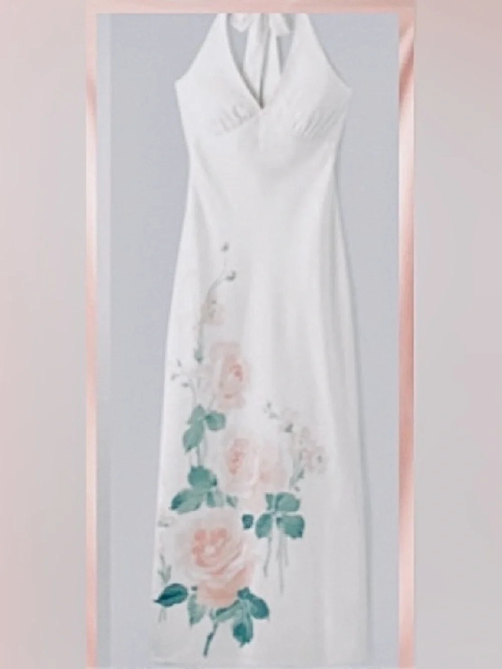 A&F Julia Slip Halter Maxi Dress: White Satin w/ Pale Pink Flowers/Size Petite L